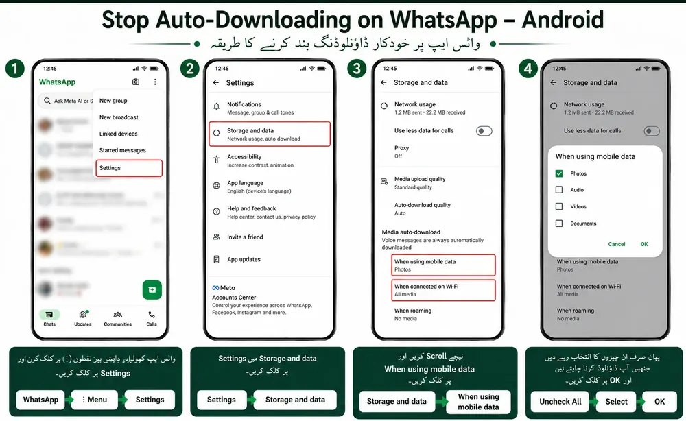 Disable Auto Media Download, Android: Settings → Storage and data → When using mobile data