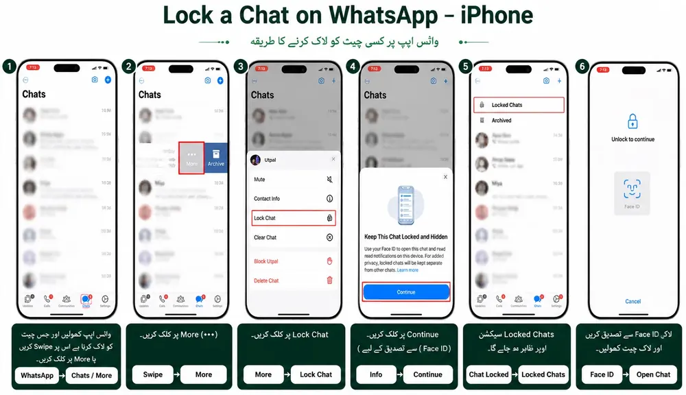 Chat Lock, iPhone: Swipe chat → More → Lock Chat