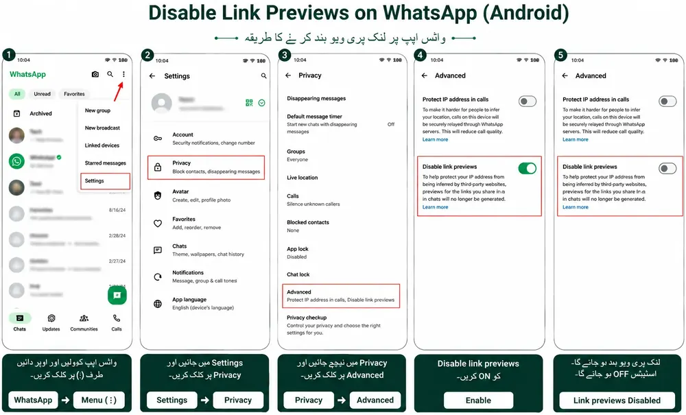 Turn Off Link Preview, Android: Settings → Privacy → Advanced → Disable link previews