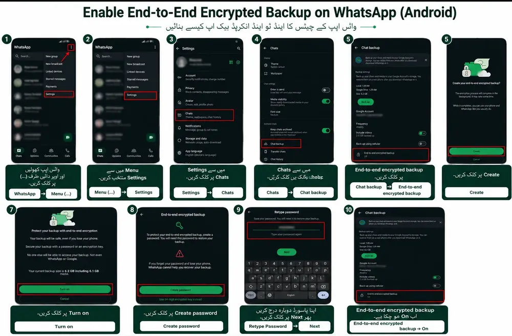 Encrypted Backup, Android: Settings → Chats → Chat backup → End-to-end encrypted backup