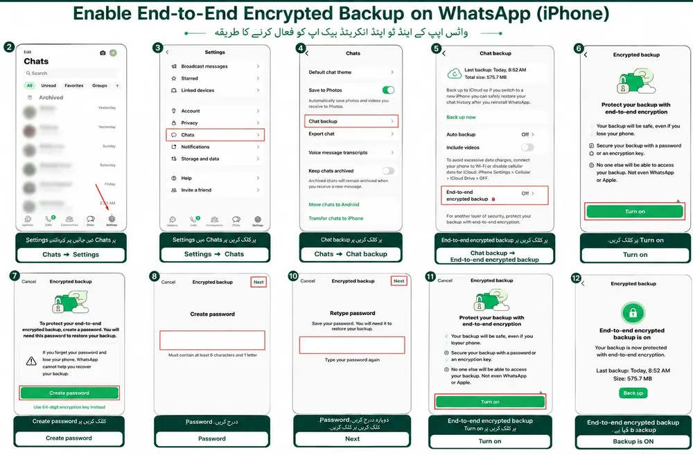 Encrypted Backup, iPhone: Settings → Chats → Chat Backup → End-to-End Encrypted Backup